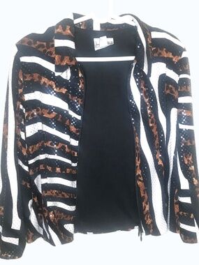 Animal Print Sequin Jacket Zebra Leopard Mixed Print Zip Front Statement Top
